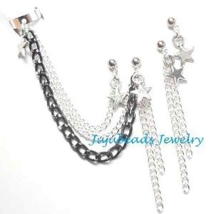 Stars double piercing ear cuff earrings set